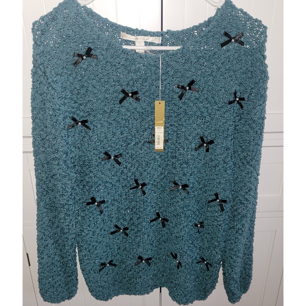 Lauren Conrad Teal Blue Chenille Bow Pearl Embellished Sweater Womens Small NWT
